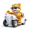 Cute tiger 3d cartoon with sunglases and driving a tuning car, white background.Generative ai