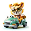 Cute tiger 3d cartoon with sunglases and driving a tuning car, white background.Generative ai