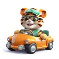 Cute tiger 3d cartoon with sunglases and driving a tuning car, white background.Generative ai