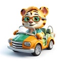 Cute tiger 3d cartoon with sunglases and driving a tuning car, white background.Generative ai