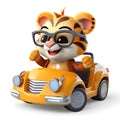 Cute tiger 3d cartoon with sunglases and driving a tuning car, white background.Generative ai