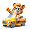 Cute tiger 3d cartoon with sunglases and driving a tuning car, white background.Generative ai