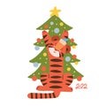 Cute Tiger decorating the christmas tree, Animal symbol of 2022 year. New year mascot. Hand drawn vector flat character Royalty Free Stock Photo