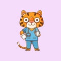 Cute tiger doctor medical personnel chibi character mascot icon flat line art style illustration concept cartoon Royalty Free Stock Photo