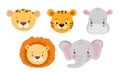 Cute tiger, elephant, hippo and cheetah portraits, set in cartoon style. Drawing african animals isolated on white. Royalty Free Stock Photo