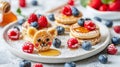 Cute tiger face pancake with berries and honey on white plate, kids breakfast concept copy space Royalty Free Stock Photo