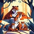 Cute tiger family with cub in the jungle. Vector illustration. Generative AI Royalty Free Stock Photo