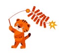 Cute tiger with firecrackers. 2022 Chinese new year. Vector illustration in cartoon style. Isolated on a white Royalty Free Stock Photo