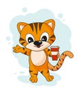Cute tiger with glass of coffee vector illustration