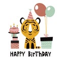 Cute tiger. Happy Birthday cartoon vector illustration