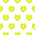 Cute tiger heads on white seamless background. Fabric green neon design for kids clothing.