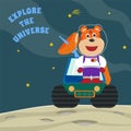Cute tiger and his Rover exploring the red planet. Mission to search for traces of life. Creative vector childish background for