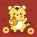 Cute Tiger holding good luck orange Chinese zodiac animals and coins. Series: Welcome lunar year