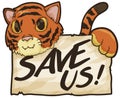 Tiger Holding a Scroll Promoting to Safeguarding them from Extinction, Vector Illustration