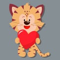 A cute tiger holds a heart in its paws. Day of love.