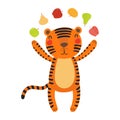 Cute tiger juggling apples and pears character illustration