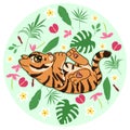 Cute tiger kitten with abstract tropical flowers, leaves and plants on green background, cartoon drawing funny animals, wild cat