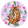 Cute tiger kitten with abstract tropical flowers, leaves and plants on purple background, cartoon drawing funny animals, wild cat