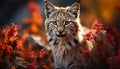 Cute tiger kitten hiding in autumn forest generated by AI