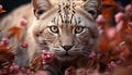 Cute tiger kitten hiding in grass, staring at flower generated by AI