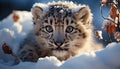 Cute tiger kitten looking at camera in snowy forest generated by AI