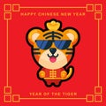 Cute tiger mascot character celebrating chinese new year with sunglasses