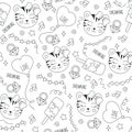 Cute tiger pattern on a white background. Black and white abstract outline seamless pattern. Drawing for kids clothes, t-shirts, Royalty Free Stock Photo