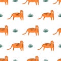 Cute tiger pattern. Wild cat vector seamless pattern. Childish african background. Cartoon tiger print. Royalty Free Stock Photo