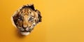 Cute Tiger peekging out of a hole in wall, torn hole, empty copy space frame, mockup. Generative AI weber. Royalty Free Stock Photo