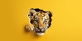 Cute Tiger peekging out of a hole in wall, torn hole, empty copy space frame, mockup. Generative AI weber. Royalty Free Stock Photo