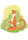 A cute tiger picks flowers in a green meadow and looks at a singing bird sitting on its tail. Royalty Free Stock Photo
