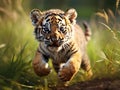 Cute tiger Siberian tiger in Amur tiger running in the Action wildlife summer scene with danger Nature