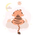 cute tiger sits on a cloud with his back. Reaches a paw to the star. Vector illustration. Scandinavian style animal
