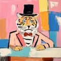 Colorful De Stijl Painting With Whimsical Tiger In Top Hat