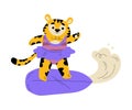 Cute Tiger Tourist in Swimsuit Riding Surfboard Having Summer Resort Vacation Vector Illustration