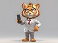 A cute tiger wearing a business suit, glasses and holding a mobile phone, cartoon animation style, business concept