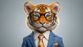 Cute tiger wearing glasses and a intelligent suit comical boss manager professional