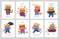 Cute tigers cards. Zodiac year funny characters, little predatory animals mascots, kids posters collection. Childish