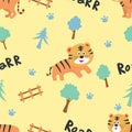 Cute tigers, cartoon vector seamless pattern for children.