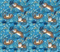 Cute tigers playing together seamless pattern. Tropical vector surface background