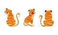 Cute tigers set. Back and side view of wild jungle predator animal cartoon vector illustration Royalty Free Stock Photo