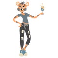 A cute tigress in human form with a glass of champagne or wine. Original isolated cartoon vector. The tigress woman