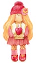 Cute tilda doll. Hand drawn watercolor illustration. Valentines love theme.