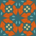 Cute tile seamless pattern with leaf and berry, orange green emerald, for textile wallpaper, packaging design