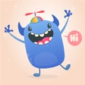 Cute tiny blue monster in kid`s hat with propeller dancing. Vector illustration of monster character.