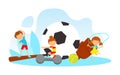 Cute Tiny Children Doing Physical Exercises with Huge Sports Equipment Vector Illustration