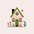 Cute tiny flat house. Cartoon one story cottage with chimney, forest cabin home with garden and lawn. Vector isolated Royalty Free Stock Photo