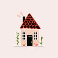 Cute tiny flat house. Cartoon traditional forest one storey cottage with chimney, small rural building with lawn and Royalty Free Stock Photo