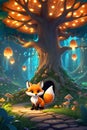 A cute tiny fox in a magical forest, with light, mushroom, giant oak tree, fantasy, cartoon, digital anime art, fantasy, fairytale