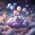 Cute tiny gray bunny on balloons above clouds